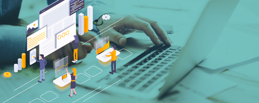 A blend of Medical SEO graphics and a real-life office scene featuring a hand on a laptop.