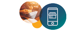 a person working on a laptop, a smartphone with a shopping cart icon, and a package delivery representing different aspects of Healthcare e-Commerce