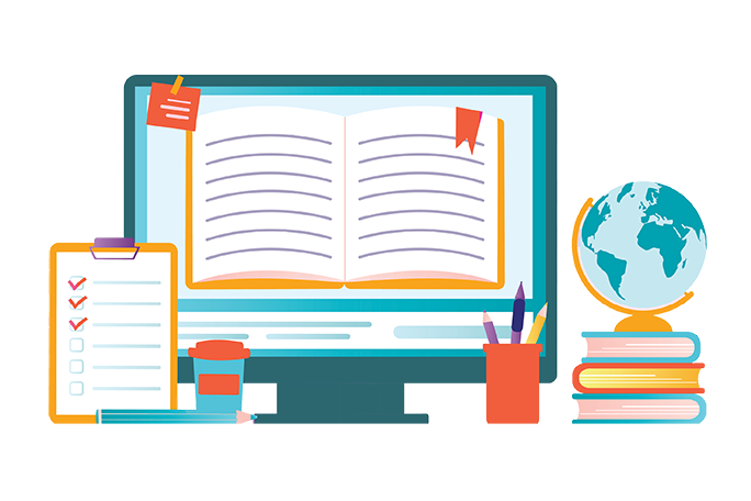 a computer with books and a globe, a patient education illustration