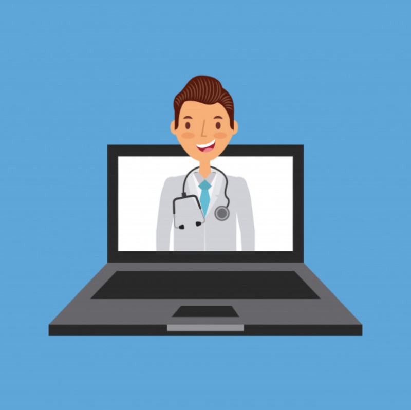 Cartoon of a doctor on a laptop screen against a blue background for Healthcare Digital Marketing