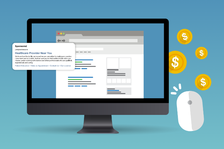 Computer monitor with a webpage, advertisement, dollar coins, and a mouse symbolizing healthcare PPC.