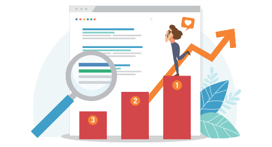 An illustration of a web page with a magnifying glass, three ascending bars numbered 3 to 1, and a character on the tallest bar illustrating Getting To Page 1 Of Google.