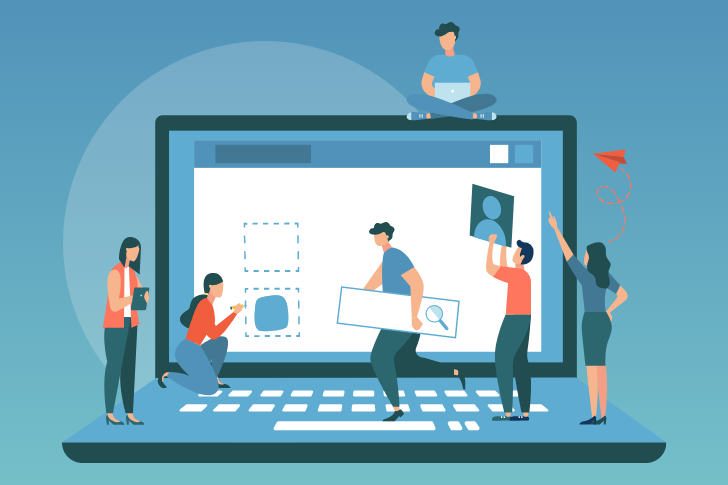 Illustrated figures interact with a large laptop screen displaying Healthcare Digital Marketing interface.