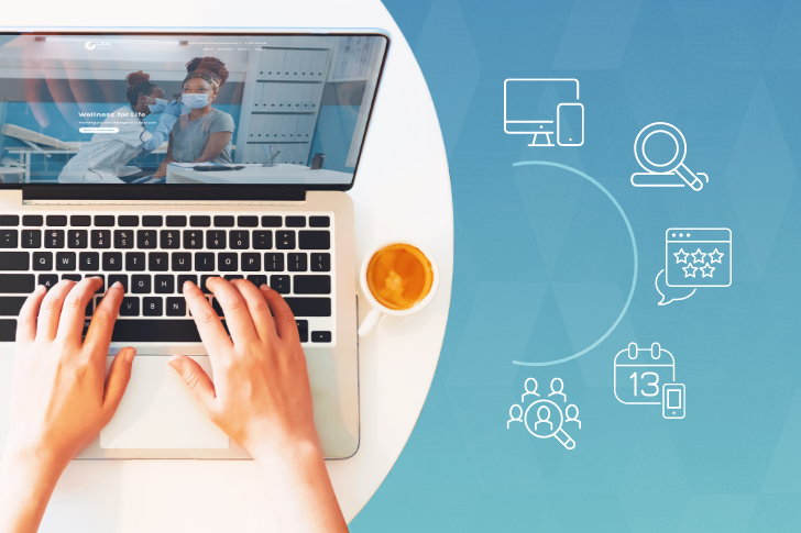 A medical website on a laptop next to coffee, with technology icons on the side.