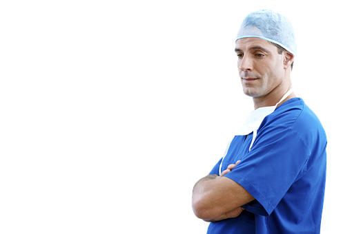 A man in blue surgical scrubs and a cap, arms crossed represents podiatry advertising.