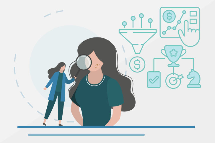 Woman examining business icon through magnifying glass for dermatologist marketing.