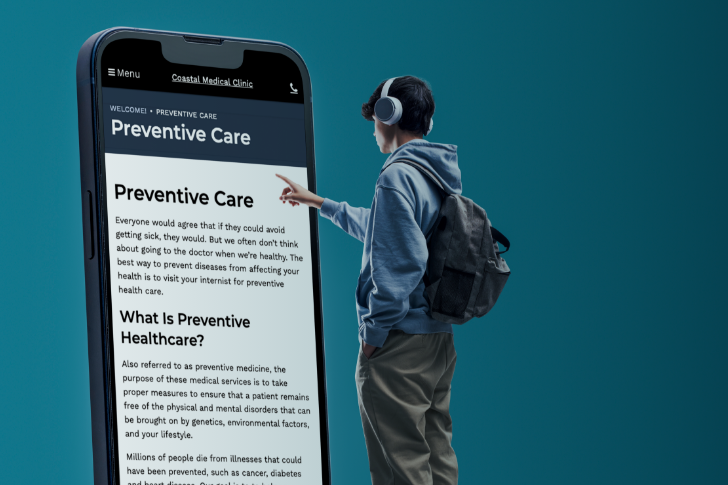 A person views a large smartphone screen displaying a webpage on healthcare patient education