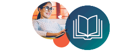 A book icon and a woman in front of a laptop focused on learning about healthcare blogs.