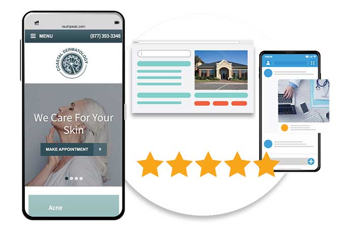 Mobile app showcasing a star rating, highlighting dermatology marketing effectiveness.