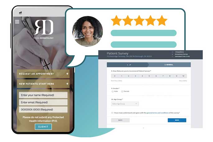 A mobile phone displaying a five star rating for online reoutation management dermatology marketing