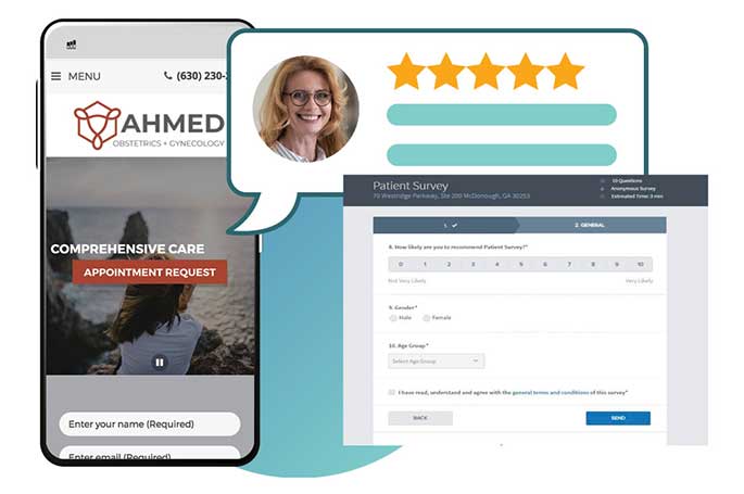 Mobile app interface showcasing obgyn marketing with 5 star rating.