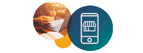 Overlapping circles, one receiving a package through healthcare e-commerce and the other with a smartphone storefront graphic.