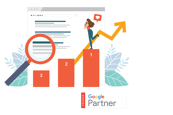 Medical SEO concept shown through a labeled bar graph and magnifying glass.