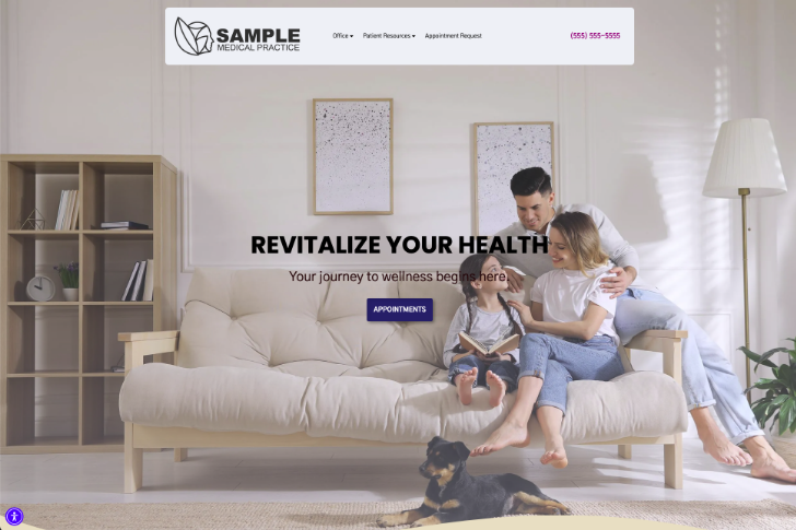 Carmel medical website templates featuring a family sitting on a beige sofa 