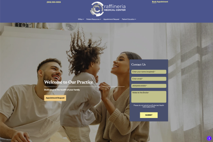Yellowstone medical website templates featuring a family image and contact form