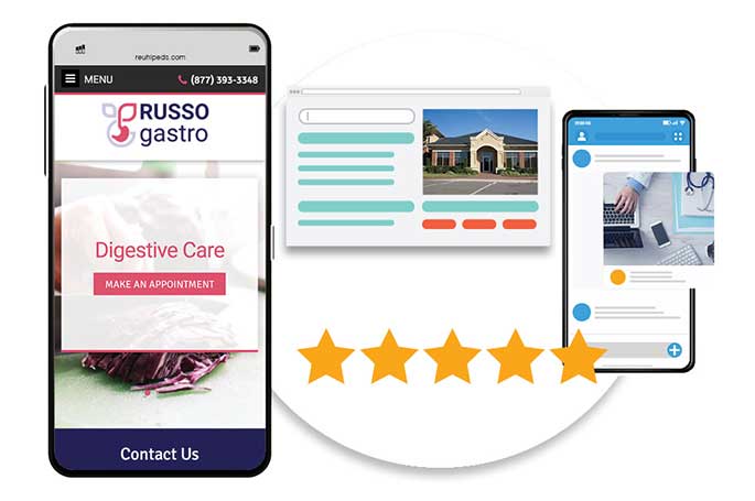 Gastroenterology marketing concept showing mobile and web interfaces for a healthcare service.