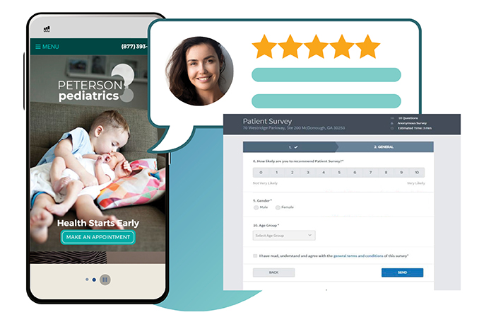 A smartphone displaying a pediatric webpage, next to a survey form with a female headshot and five-star rating highlighting pediatrician marketing.