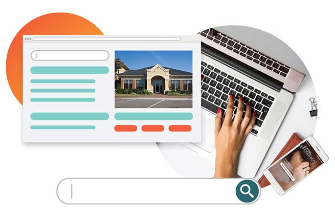 An open laptop displays a web search interface for podiatrist marketing.