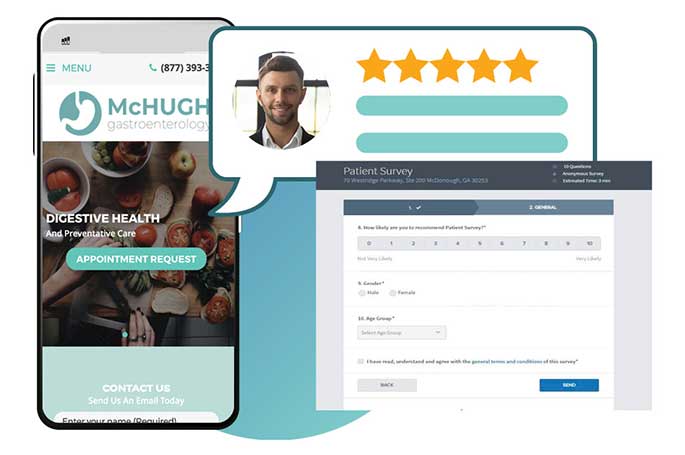 Smartphone showing the McHUGH website alongside a digital patient survey form, emphasizing the importance of gastroenterology marketing.