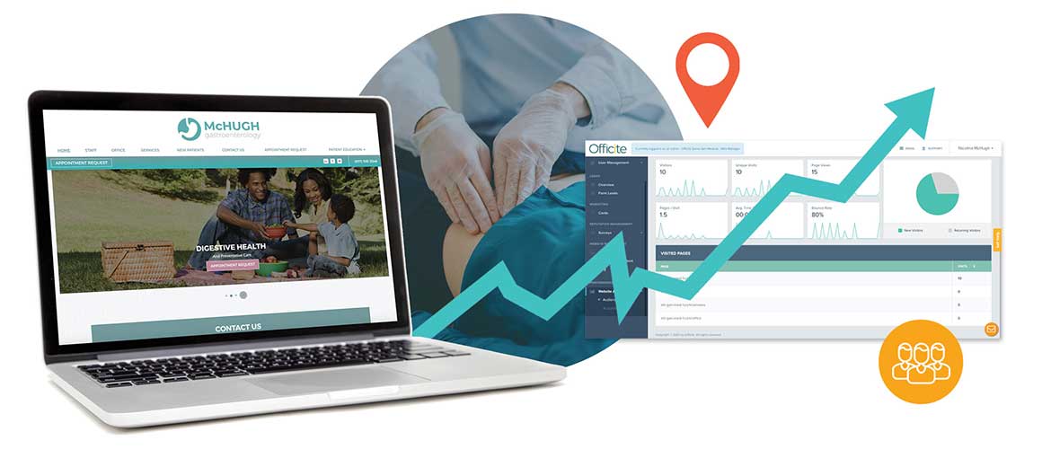 Laptop displaying website, medical charts, location pin, upward trend arrow, and people icon symbolizing gastroenterology marketing.