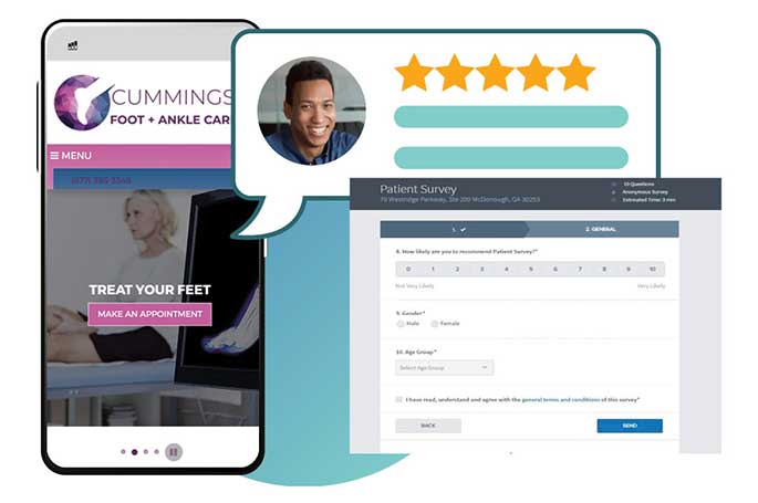 A five-star patient survey rating with Cummings website illustrating Podiatrist Marketing
