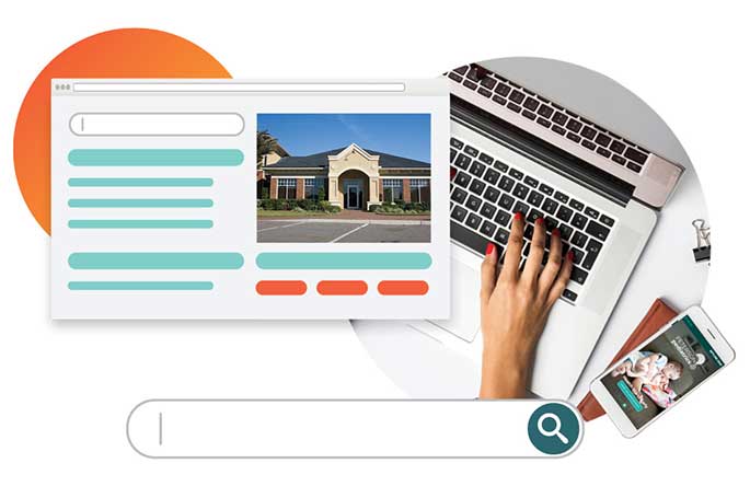 Collage of a website mockup with a building image, a laptop with typing hands, and a smartphone on a circular background use in pediatrician marketing.