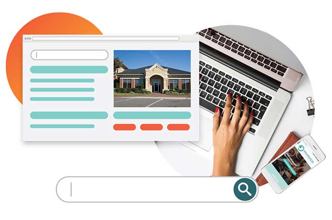 A collage of a webpage, a person typing on a laptop, and a smartphone displaying a similar page representing gastroenterology marketing.
