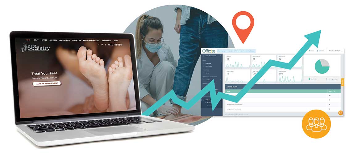 Laptop displaying podiatrist marketing website, graphical elements indicating growth in business analytics.