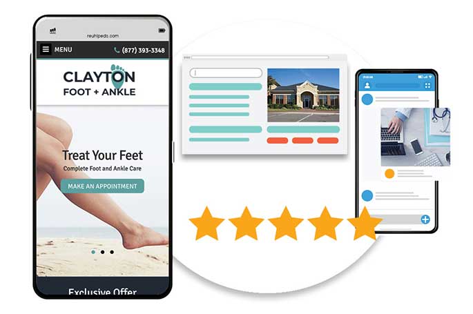 A smartphone with a podiatrist marketing website, a desktop webpage, and a smartphone with five stars rating.