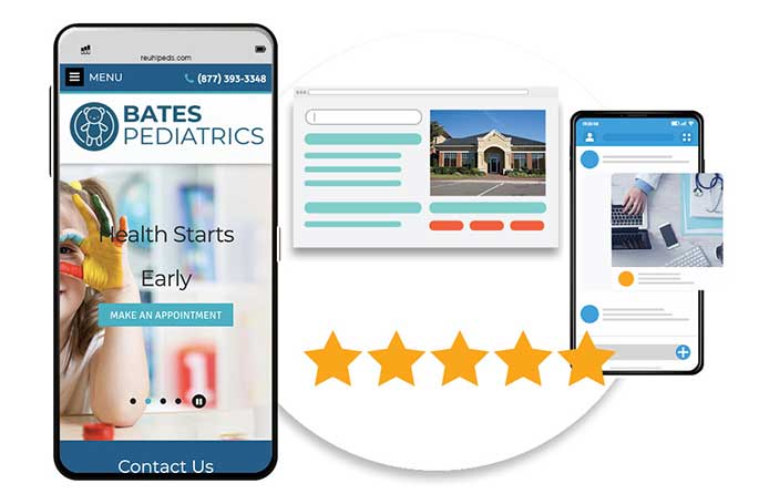 Mobile app interface for Bates of Pediatrics, showcasing pediatrician marketing tools like SEO and reputation management.