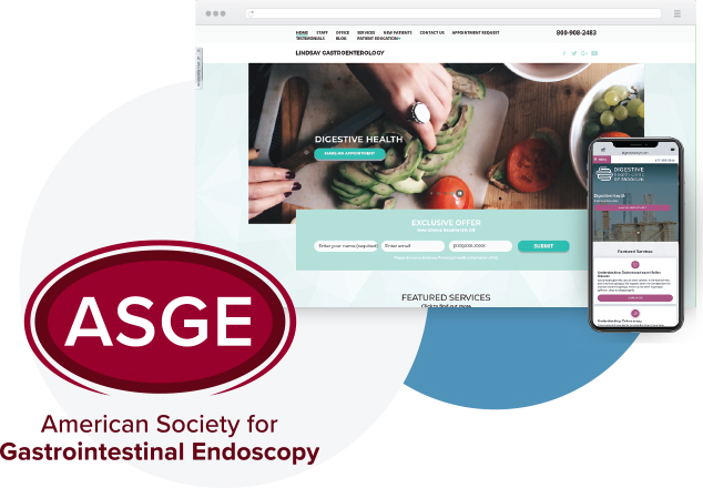 ASGE logo with a desktop and mobile view of a gastroenterology website design