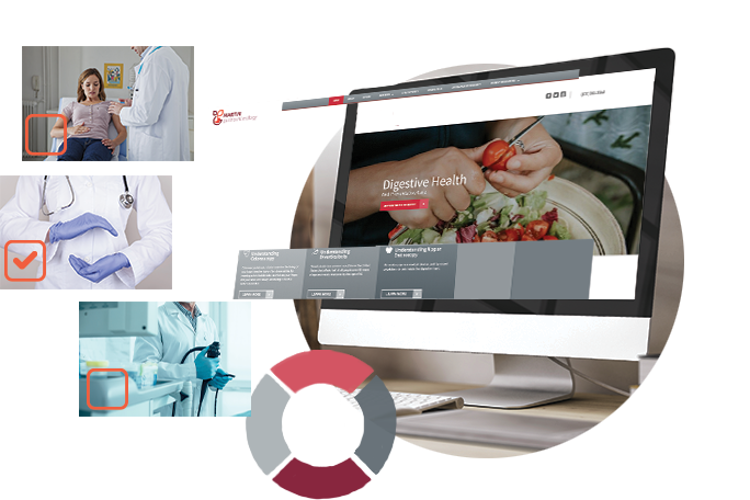 Collage with gastroenterology website design, medical-themed images, and a circular infographic.