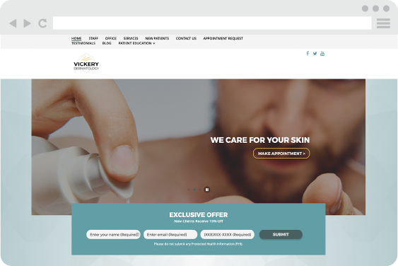 Dermatology website design with dermatology clinic banner and exclusive offer form.