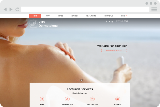 A dermatology website design with menu, clinic name, and featured services.