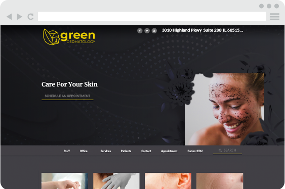 A dermatology website design layout with a logo, a smiling woman with a facial mask, and a navigation menu.