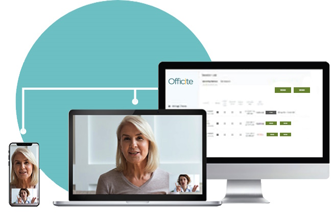 A smartphone, laptop, and desktop monitor displaying HIPAA compliant telehealth platforms