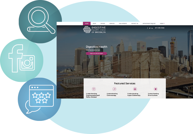 Gastroenterology Website Design for Digestive Health Clinic with Brooklyn Bridge background and service icons.