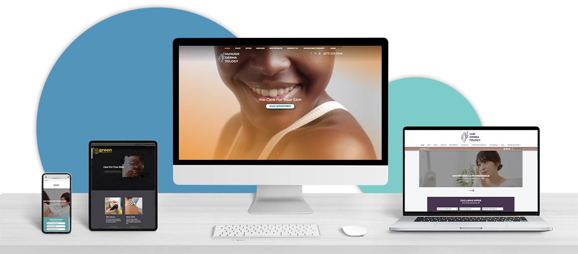 Four devices displaying different dermatology website design on a wooden surface.