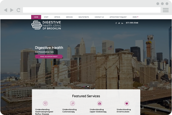 Gastroenterology Website Design for Digestive Health Clinic of Brooklyn with urban background and navigation options.
