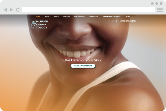 A smiling face and shoulder as a background on a dermatology website design