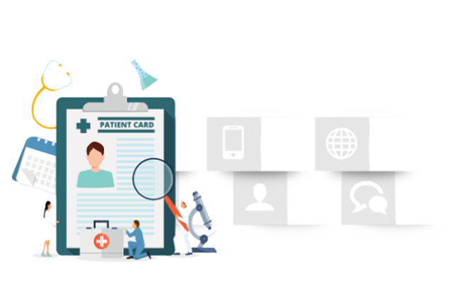 Illustration of a patient card on a clipboard with medical icons and figures representing HIPAA compliant telehealth platforms.