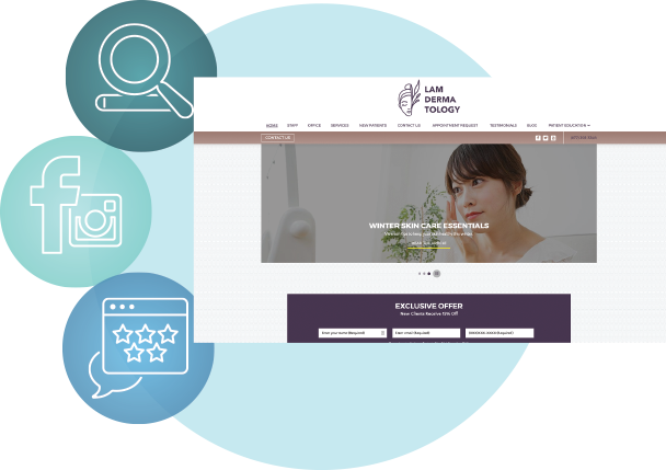 A dermatology website design for LAM Dermatology displayed with icons for search, social media, and ratings.
