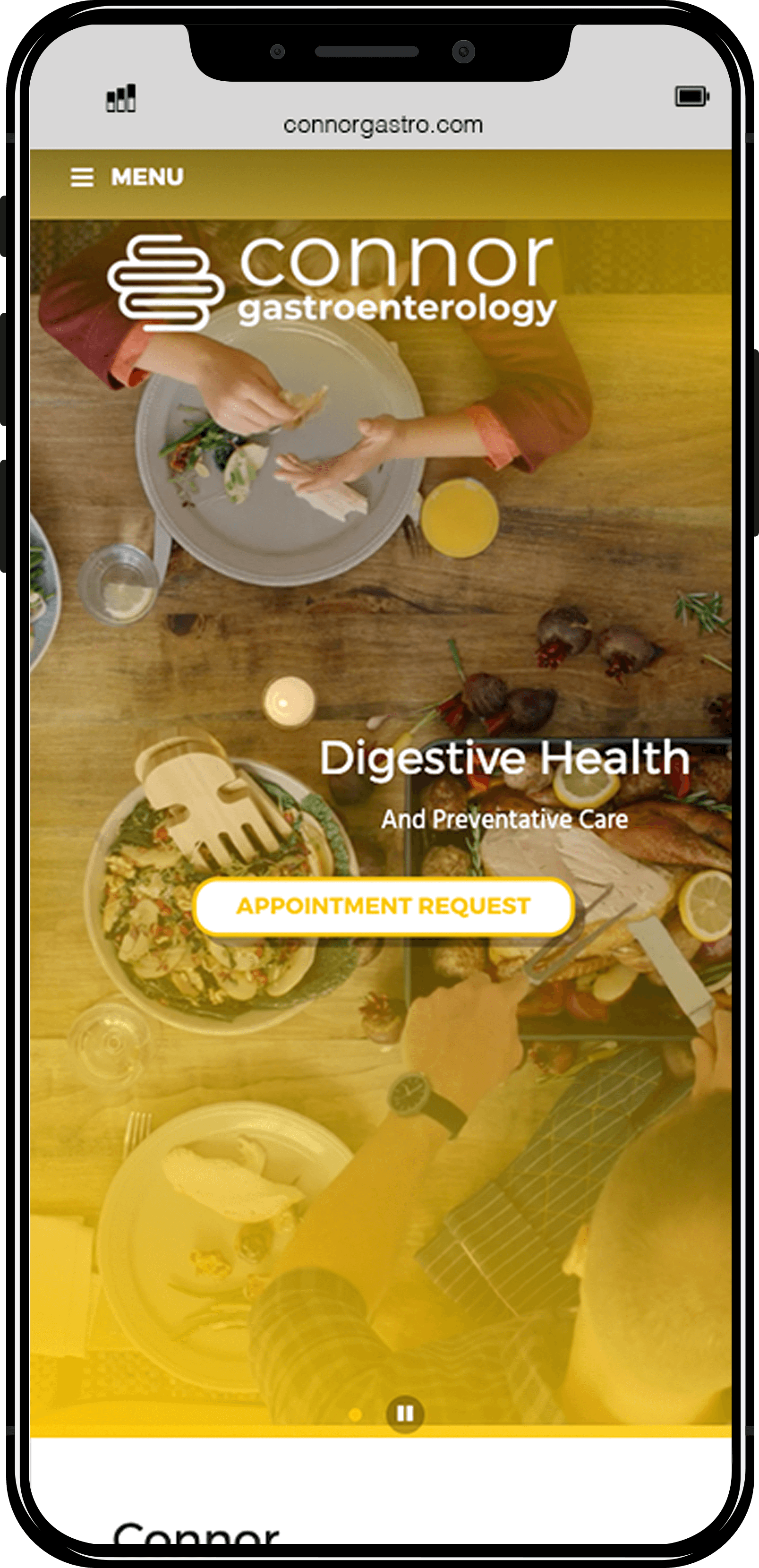 Mobile phone screen displaying the Connor Gastroenterology website design.