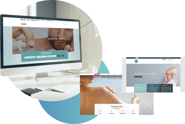 A computer monitor showing a skincare website, with overlapping thumbnails of other dermatology website design