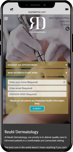Mobile view of Reuhl website featuring dermatology website design