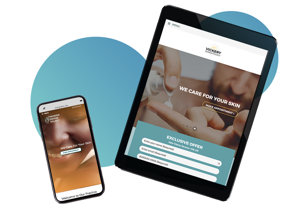 Smartphone and tablet displaying dermatology website design with appointment buttons and skincare images.