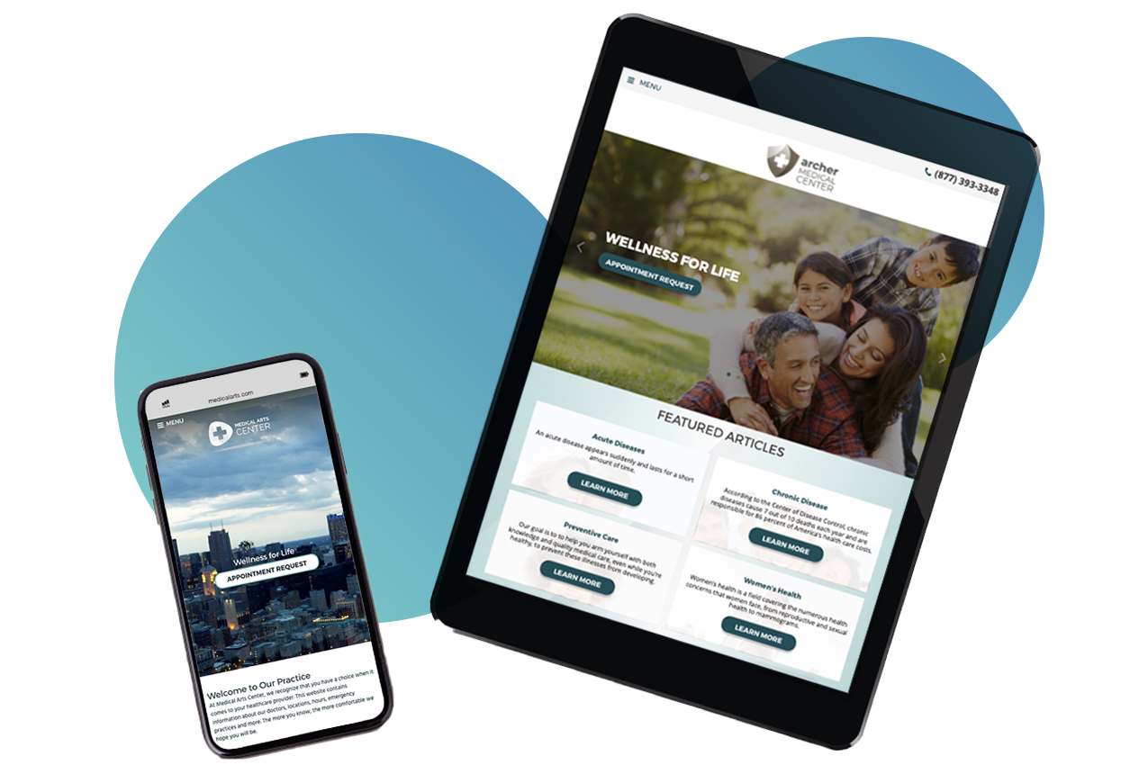 A smartphone and showing a website design for doctors