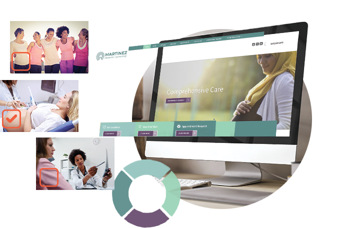 An Ob Gyn Website Design and related scenes, featuring women bonding, an ultrasound, and healthcare professionals.