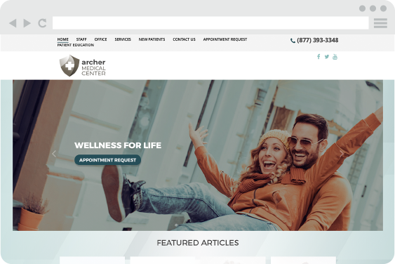 A website design for doctors for Archer Medical Center with a header and a banner image of a happy couple