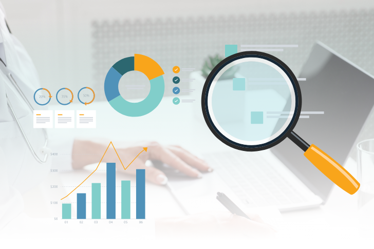 Analytical graphs and charts on a blurred image of a person using a laptop representing successful medical SEO strategies